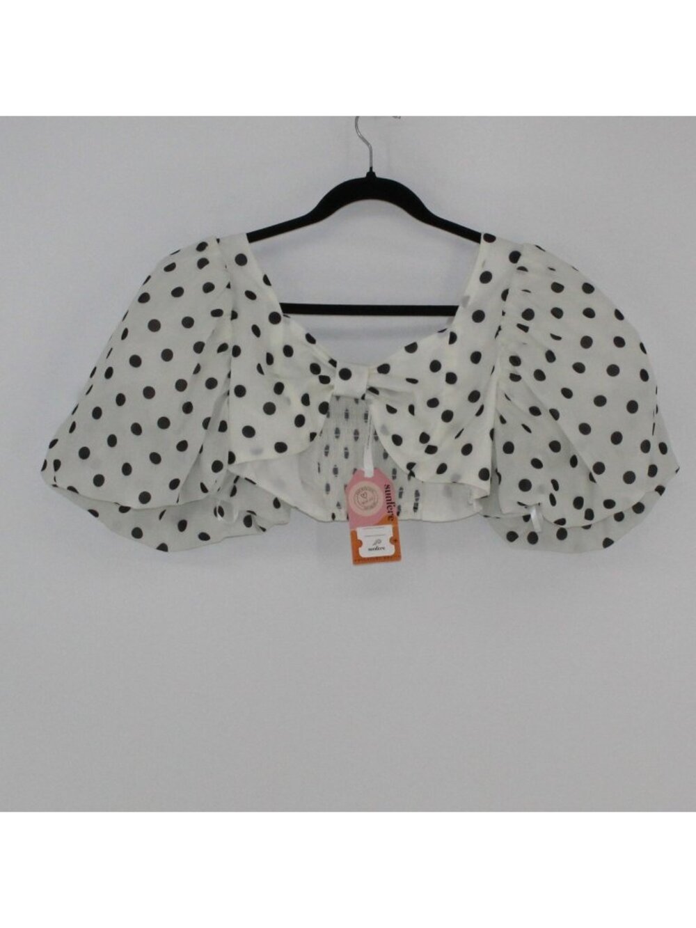 NEW Sunfere Polka Dot Ruffle Puff Sleeve Crop Top White & Black Women Size S